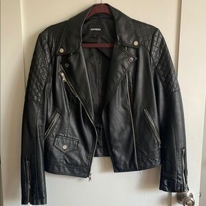 Express Black Leather Biker Jacket with Quilted Details